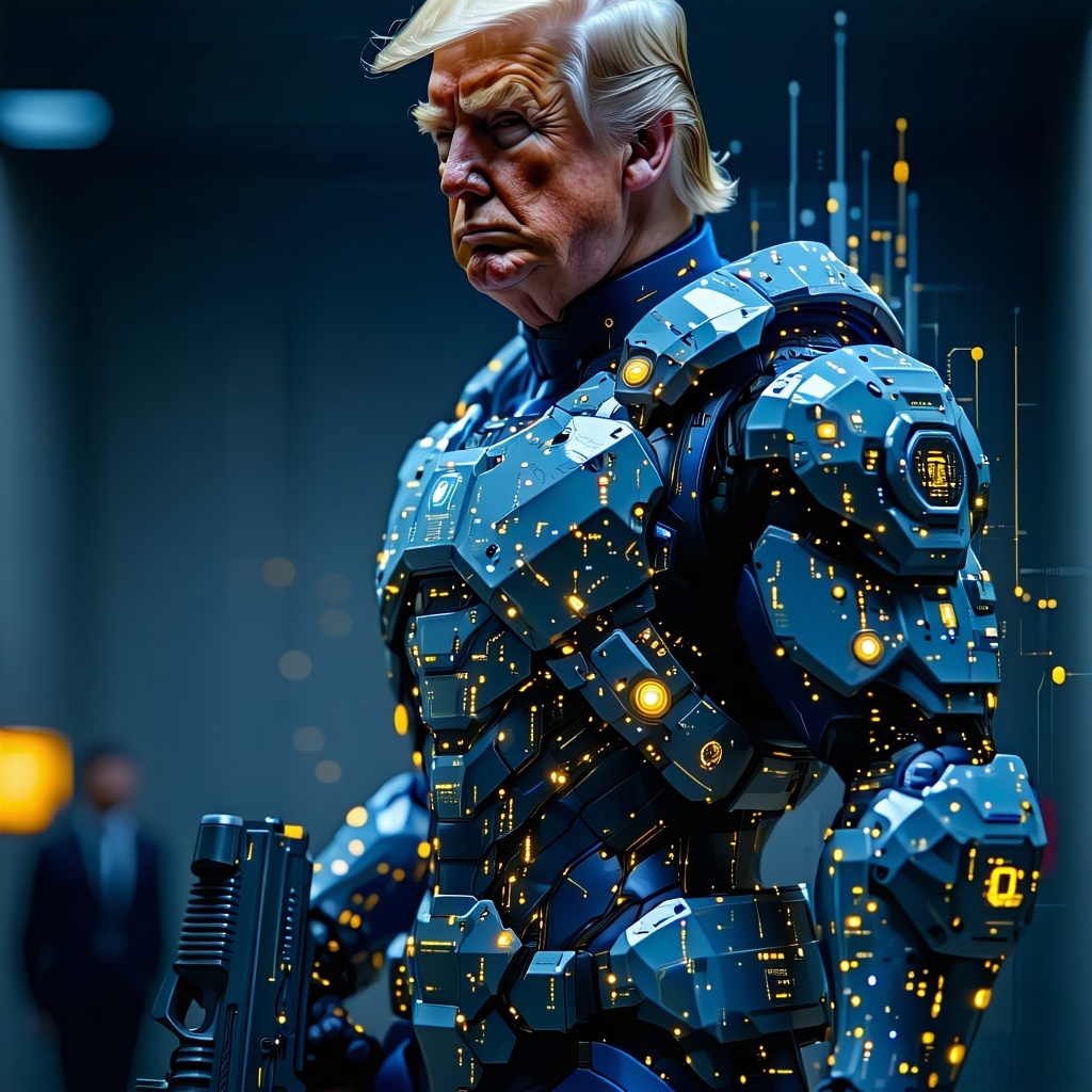 Envision a politician clad in sleek futuristic body armor that seamlessly blends elements of military gear with hightech cybersecurity features The armor boasts glowing circuit patterns and embedded digital interfaces symbolizing his dual role as a d-1