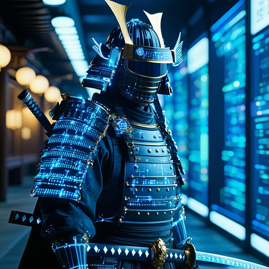 Envision a striking image of a politician clad in a modern interpretation of samurai armor intricately designed with sleek lines and techenhanced features The armor is adorned with glowing circuit patterns and digital motifs that evoke a sense of adv-1