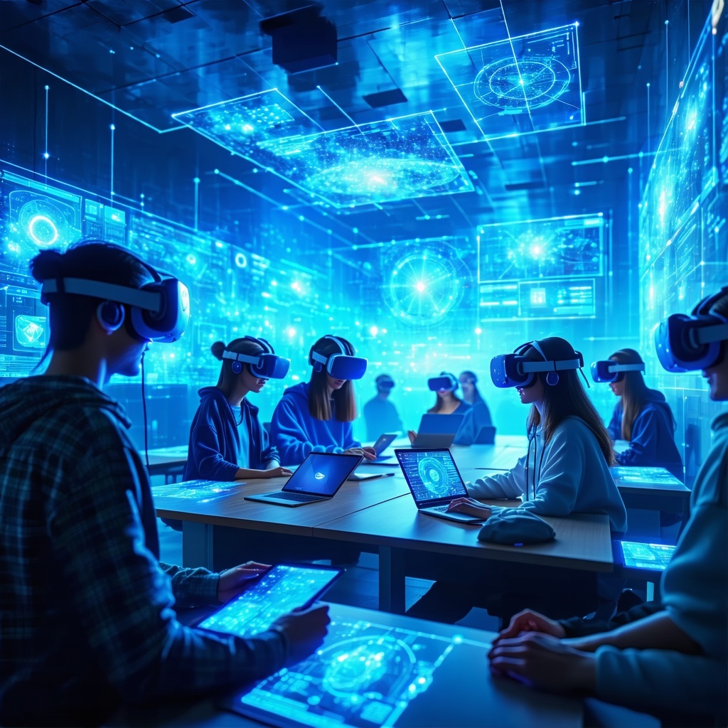 In a futuristic digital classroom that seems to float in the cosmos a diverse group of university students equipped with sleek virtual reality headsets engage in an interactive cybersecurity training session Holographic interfaces project realtime si-1