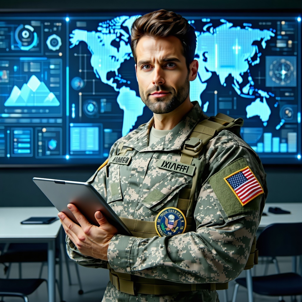 teacher who looks ready for a cyber defense mission. They should be wearing a camouflage uniform with relevant badges and holding a piece of technology. Their expression should convey determination and preparedness. The background should suggest a modern educational setting, highlighting the role of cyber defense in today's teaching.